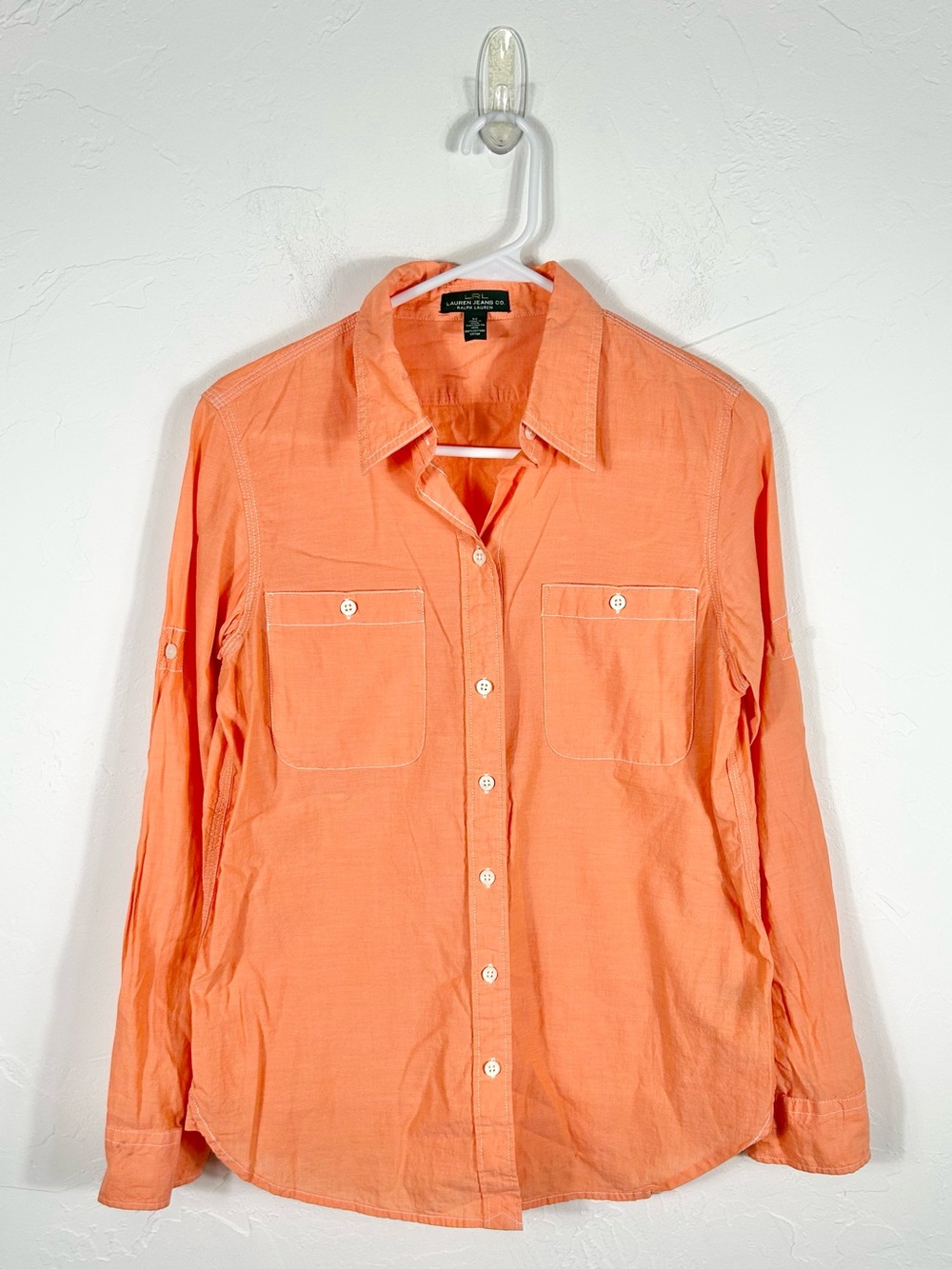 Lauren Jeans Co Ralph Lauren Coral Orange Roll Tab Utility Shirt Cotton Size M